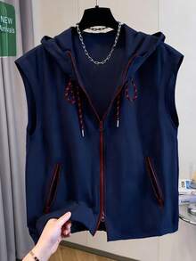 女士藏蓝色无袖背心外套，春夏款，时尚撞色拉链连帽衫，带抽绳，轻盈无内衬设计，百搭舒适，适合日常出行、度假等多种场合，女士休闲上衣 - 藏蓝色 - 查看 2