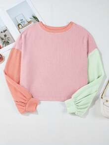 CILKOO Áo thun nữ tay dài cổ tròn phối màu, vai rớt, kiểu dáng thường ngày, màu hồng mùa xuân. - Hồng - Xem 3