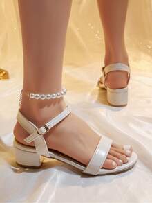 1 Pair Summer Fashion Elegant Minimalist Open Toe Low Heel Ankle Strap Sandals For Teenagers - Beige - View 6