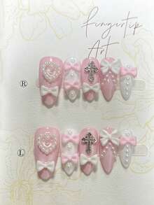 10片Y2K坏女孩蝴蝶结珍珠可爱粉白手工按压式美甲贴片，心形十字架卡哇伊美甲用品（1片果冻贴纸+1个指甲锉） - 粉色 - 查看 4