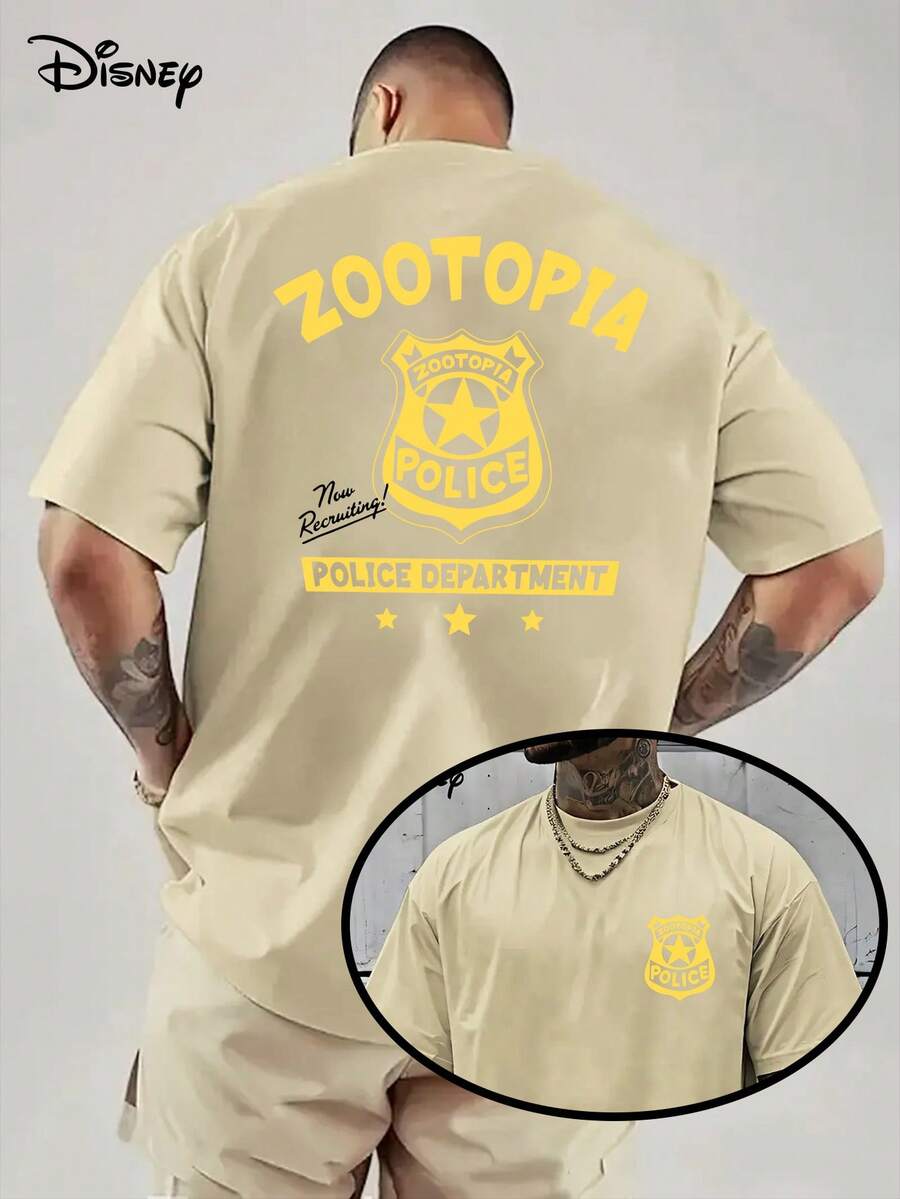 [Authorized By Disney] Zootopia Department Badge Men's T-Shirt Can Be Flipped, Inspired By Nick Wilde And Judy Hoops, Zootopia Logo, Casual. - Apricot - View 1
