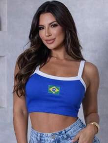 Women's Cropped Tank Top With Ribbed Straps, Embroidered Brazil Cup 2026 Vibe Design, Contrasting Waist, Open Back / Backless Embroidery, Beachwear - 藍色 - 查看 4