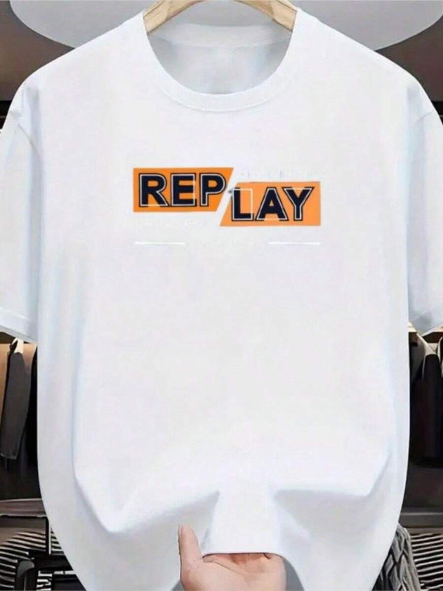 REPLAY Print Men'S Casual Short SLeesve T-Shirt Tees Cotton Crew Neck Tee Breathable Stretchy Regular Fit All-Season Wear Loose - 白色 - 查看 1
