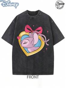 Disney Officially Licensed Graphic T Shirts 100 PercDisney Officially Licensed Graphic T Shirts 100 Percent Cotton Disney Shirt, Stitch & Angel Heart Gift Box Couple T-Shirt, Unisex, Washed 230g, Retro Vintage, Crew Neck, Comfortable Teeent Cotton Disney Shirt, Stitch & Lilo Couple T-Shirt, Unisex, Washed 230g, Summer Retro, "Where I Go Trouble Follows" Print, Daily Wear - Black - View 2