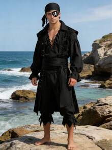 [Boat Crossing] 1/3 Pieces Of Halloween New-Style Voile Fabric Pirate Headscarf Belt Felt Skull Eye Mask. Fun Cosplay Medieval Renaissance Pirate Costume With Pirate Mask. Valentine's Day Mask-Wearing Dance Party, Christmas Party, Magical Costume Props, New Party Attire. - Multicolor - View 11