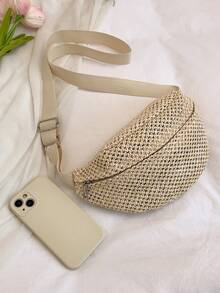 Túi đeo hông bằng rơm thủ công, túi đeo ngực kiểu dáng du lịch, túi đeo chéo tối giản kiểu Nhật Bản. - Màu be - Xem 2