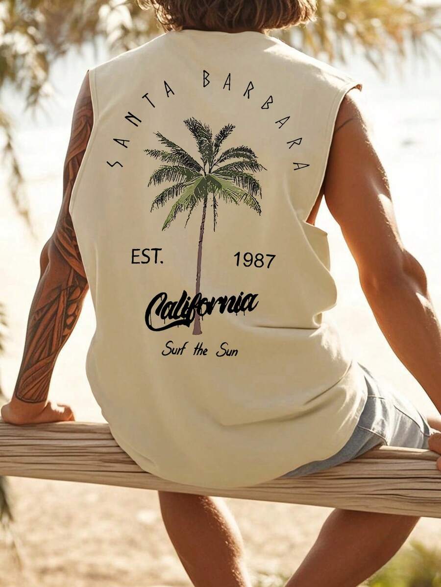 男士休闲椰子树字母印花背心