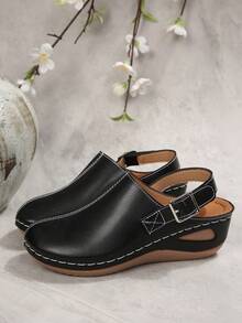 European And American Style Wedge Slide Sandals For Women, Backstrap Buckle Slip-On Casual Shoes, Versatile Commuting Matte Leather Footwear - Black Leather - View 2