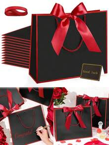 5个/套或1个黑色牛皮纸礼品袋，带红色装饰边，可用作购物袋、手提包装袋、蝴蝶结手提袋、万圣节糖果袋、大号白色纸袋。适用于万圣节、感恩节、圣诞节、独立日、2026年毕业季、返校季、新年、婚礼、生日等各种场合的礼品包装。 - 多色 - 查看 4