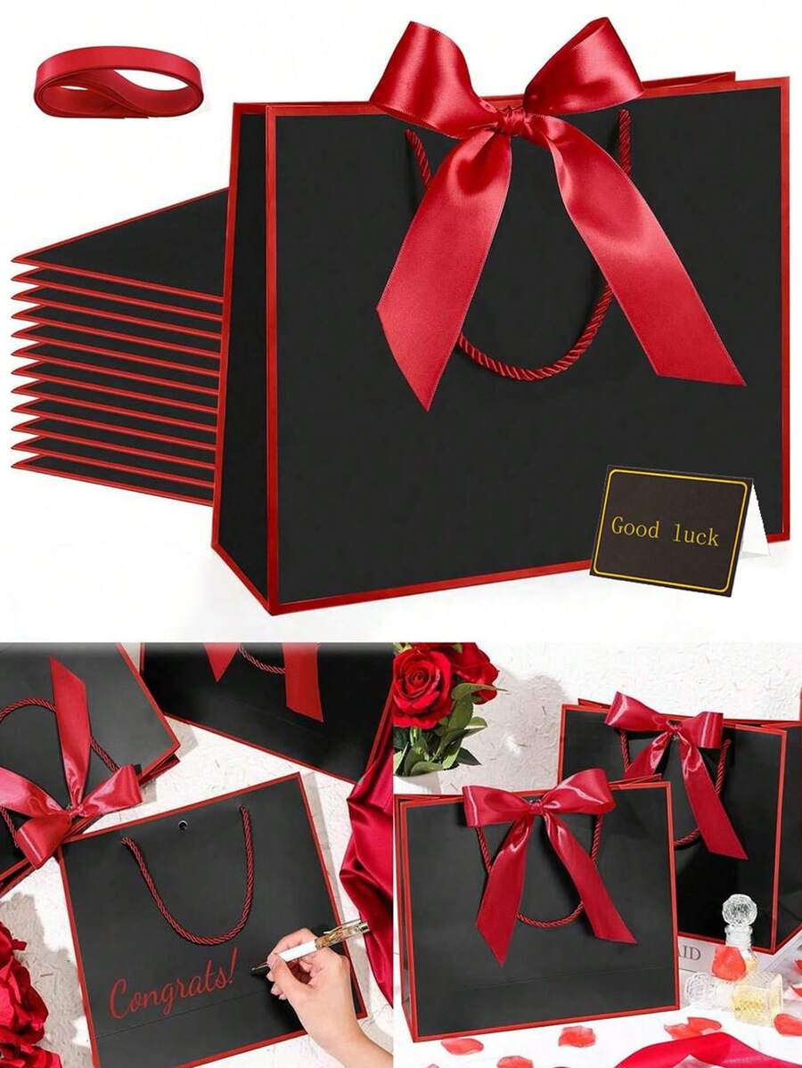 5个/套或1个黑色牛皮纸礼品袋，带红色装饰边，可用作购物袋、手提包装袋、蝴蝶结手提袋、万圣节糖果袋、大号白色纸袋。适用于万圣节、感恩节、圣诞节、独立日、2026年毕业季、返校季、新年、婚礼、生日等各种场合的礼品包装。 - 多色 - 查看 1