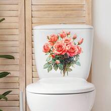 1 pieza/Calcomanía de rosas rosadas de acuarela para la tapa del inodoro - Pegatina floral removible para inodoro, decoración de baño autoadhesiva, cubierta de asiento de inodoro de vinilo impermeable para baño, aseo, caravana, decoraciones de apartamento - 1PC - Ver 4