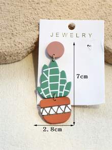 1对女士仙人掌盆栽印花陶瓷质感INS风设计可爱优雅长耳环 - 彩色 - 查看 8