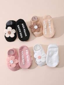 4 Pasang Kaos Kaki Pendek Motif Bunga untuk Bayi/Balita Perempuan, Warna Polos, Sol Anti Selip, Cocok untuk Semua Musim - MultiWarna - View 6