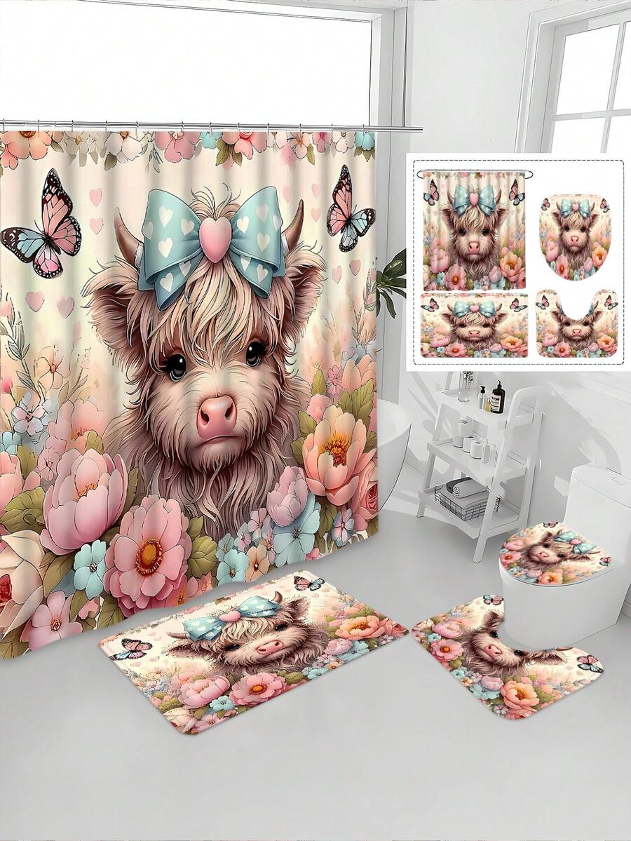 1/4 Set Cute Highland Cow & Floral Pattern Waterproof Shower Curtain Set, Thick Polyester Anti-Mildew, Includes 12 Hooks, Non-Slip Bath Mat, U-Shaped Toilet Lid Cover, Bathroom Carpet & Curtain Full Set - A - View 1