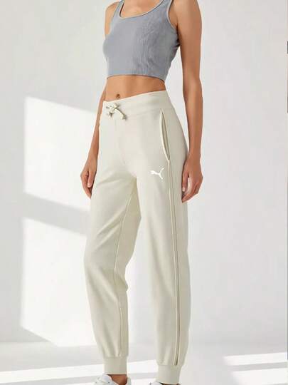  PUMA Women's Solid Color Casual Drawstring High-Waisted Knit Sports Pants, White