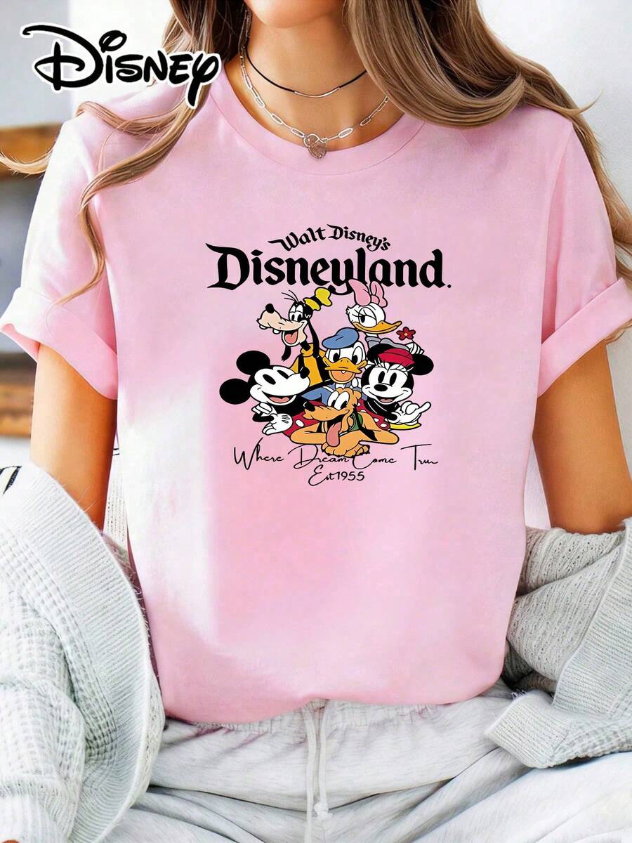 Soft Cotton T-Shirt | Disney "Disneyland Classic Squad" Graphic Tee | Casual Daily WearMade With Soft, Comfortable, And Durable Materials, This Is An Ideal Choice For Spring And Summer. This Crew Neck T-Shirt Is Suitable For Various Occasions, Including Everyday Wear, Shopping, Parties, Travel, And Gatherings, And Also Makes A Thoughtful Gift. - Pink - View 1