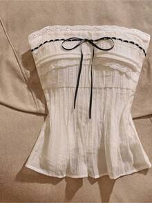 Women's Spring And Summer Strapless Top With Lace Trim Black Ribbon Bow Fashion Top - Ivory White - View 1
