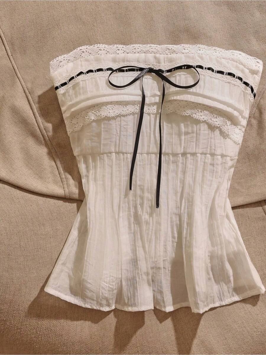 Women's Spring And Summer Strapless Top With Lace Trim Black Ribbon Bow Fashion Top - Ivory White - View 1