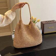 Fashion Straw Bag Large Capacity Beach Bag Summer Fashion Women's Bag Tote Shoulder Bag , Beach Bag , Summer - 卡其色 - 查看 10