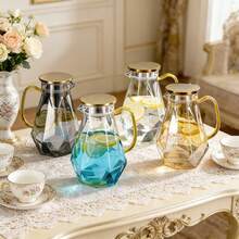 1pc Large Capacity Glass Cold Water Pitcher, Heatproof Carafe, Fridge Lemon Water Pitcher With Handle, Diamond Glass Bottle - Multicolor - View 6