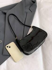 1 pieza Bolso de hombro en forma de media luna minimalista de unicolor de PU, diseño de cremallera conveniente, adecuado para salidas diarias - Negro - Ver 3