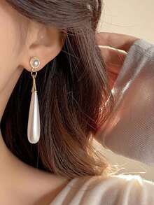 Topshiny 1pair White Chinese-Style Bridal Pearl Teardrop Earrings, Elegant Long Stud Dangle Earrings For Women, Suitable For Daily Wear, Weddings, And Parties - 白色 - 查看 10