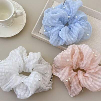 1pc Women's Sweet & Elegant Pearl Chiffon Hair Scrunchie, Suitable For Bun, Ponytail, Spring/Summer
