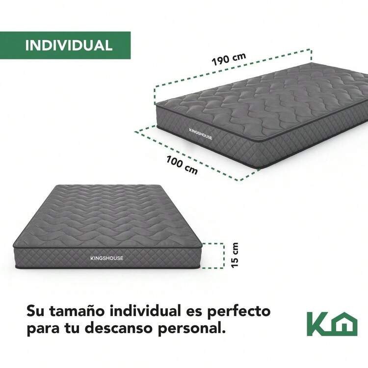 Kingshouse |   Colchón en Caja Individual Color Gris - Espuma de Alta Densidad - 190x100x15 cm - Antiácaros e Hipoalergénico - Memory Foam, Adaptable y Suave - Firmeza Justa - Blanco - Añade 11
