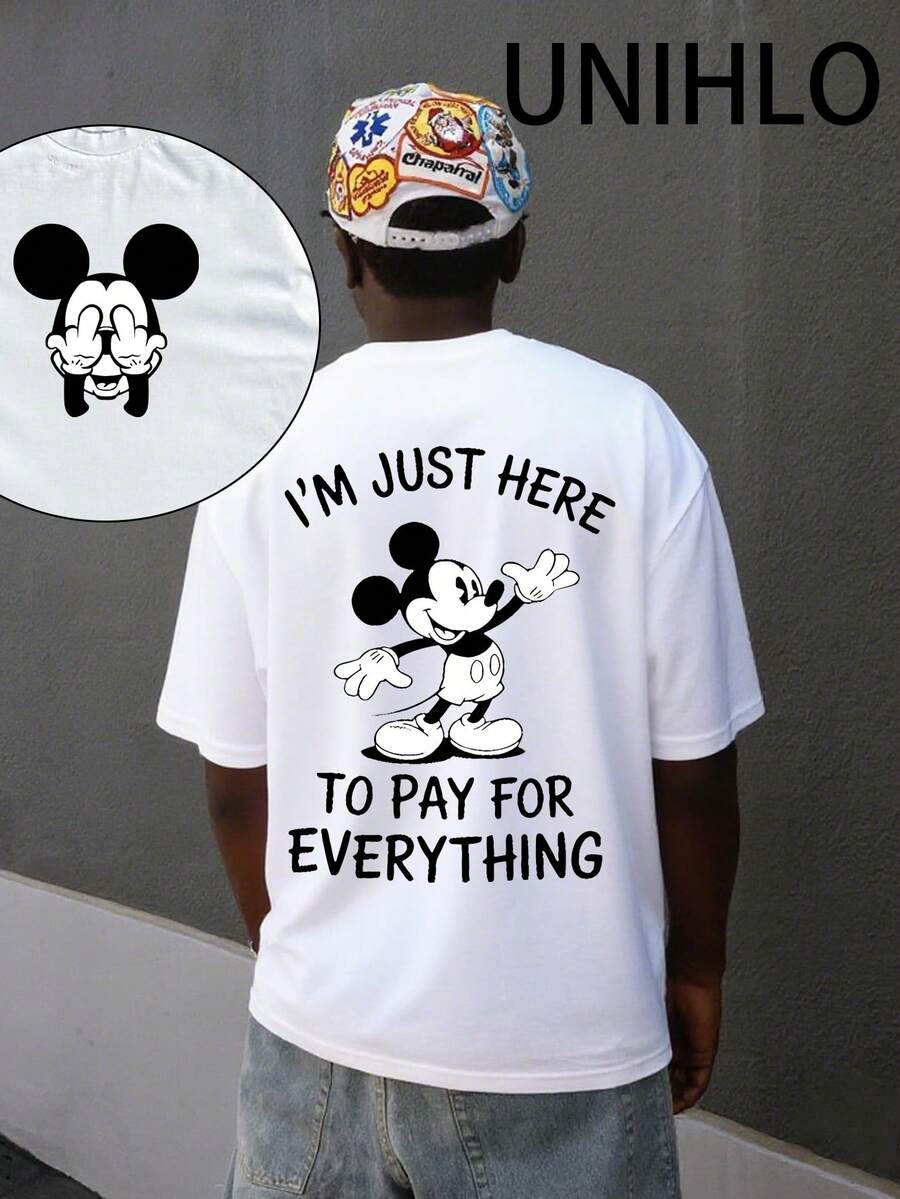 Disney UNIHLO  I'M JUST HERE TO PAY FOREVERYTHING Print  Summer Casual Versatile Pure Cotton T-Shirt Suitable For Any Place - 白色 - 查看 1