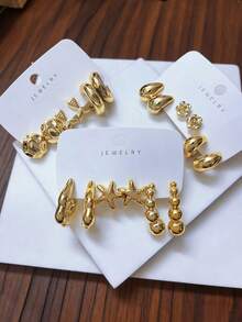 6-18pcs European And American Personalized Water Drop C-Shape Heart, Mermaid Tail, Rose Flower, Smooth Asymmetrical Earrings Set - Gold - View 2