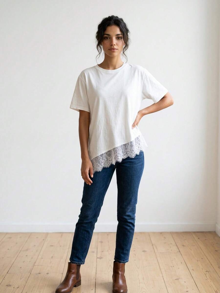 Women's Blouse/T-Shirt With Lace Detail, Knit Fabric, High-Waisted Front And Low-Waisted Back. - 白色 - 查看 1
