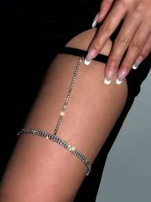 Corrente de Coxa Feminina Luxo com Strass | Joia Corporal Sexy Festa | Dourada ou Prateada Ajustável - Preto escuro - Visão 2