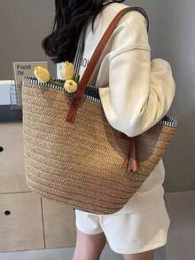 2026 New Fashion Large Capacity Woven Bucket Bag, Casual Versatile Women Shoulder Tote Bag, Suitable For Daily Commute, Outing, Travel, Beach Holiday - Multicolor - View 6