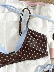 2pcs Blue Polka Dot & Solid Blue Contrast Bikini Set, Women Triangle Spaghetti Strap Crop Top Tie Back Cute Vacation Beach - Brown - View 4