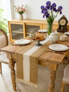 1pc Bohemian Knitted Patchwork Rectangular Table Runner, Coffee & Beige Color, Dining Table Cloth, Beige Tassel Decor, Suitable For Sideboard, Coffee Table, Cabinet Dust Cover, Home Decor, Suitable For Countryside Gathering, Dinner, Wedding, Festival And Party Decoration, Outdoor Picnic, Camping Decor, All Season, Spring/Summer - Multicolor - View 6