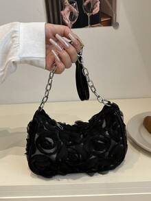 独特小众新款玫瑰蕾丝晚宴链条包，时尚别致的女孩单肩腋下包 - 黑色 - 查看 5