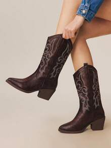 Women's Western Cowboy Boots Europe And The United States New Western Style Traditional Embroidery Pointed Thick Heel Slim Boots Soles Non-Slip Wear-Resistant Not Tired Feet Suitable For Daily Festivals To Wear Ranch Culture, Rodeo Party Culture And Street Fashion To Wear. - Dark Brown - View 3