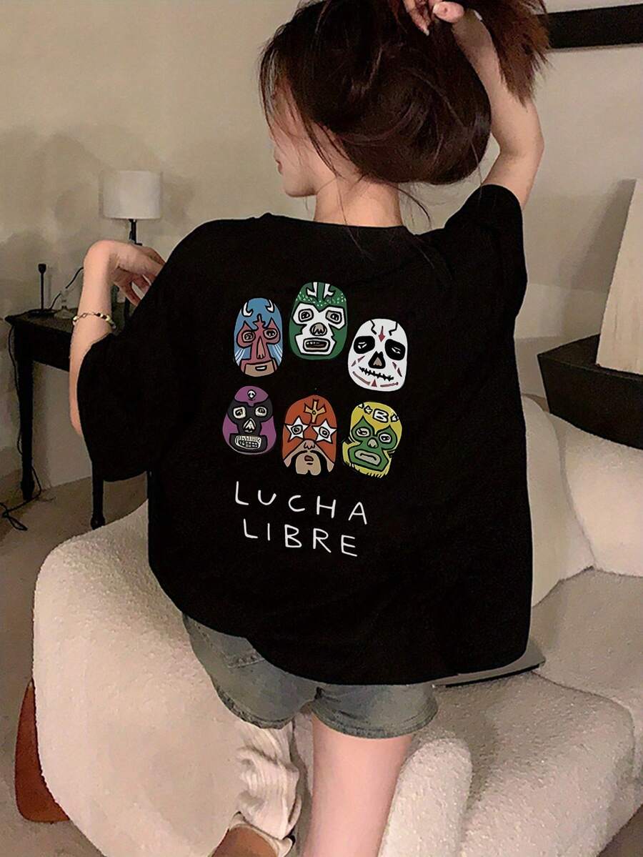 日系女式夏季宽松圆领时尚百搭字母口罩卡通印花短袖T恤 - 黑色 - 查看 1