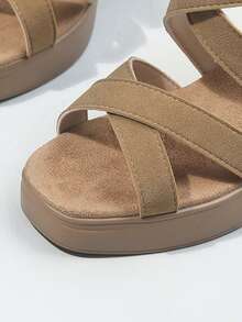 女士绑带粗跟厚底凉鞋，露趾踝带粗跟凉鞋，后拉链设计，夏季派对鞋 - 卡其色 - 查看 6