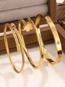 New Fashion High Quality Stainless Steel Flower Zirconia Women's Bangle Bracelet Jewelry Set, Suitable For Daily Wear - Vàng 11 - Xem 4