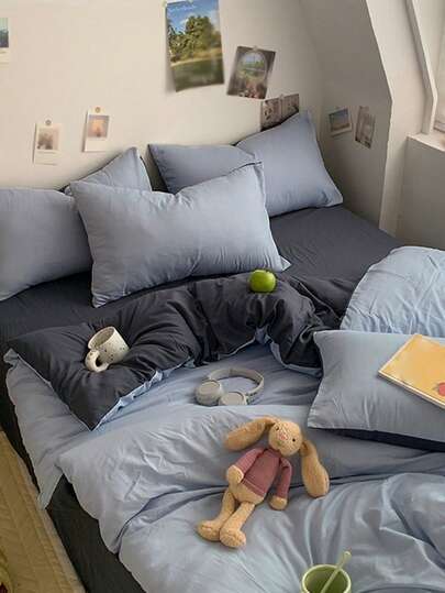 New Solid Color Patchwork Nordic Style Simple Polyester Duvet Cover 3 PiecesSet