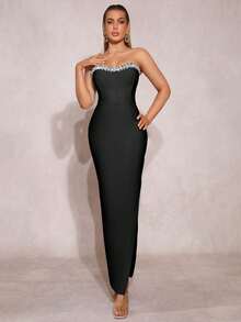 优雅水钻装饰抹胸鸡尾酒礼服，适合假日派对 - 黑色 - 查看 8