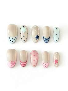 10pcs It's Named Blue Pink Star Dot. This Manicure Features A Seamless Blend Of Milky Nude, Soft Blue, And Sweet Pink, With Playful Dot Accents And Star Motifs. The Striped Details Add A Touch Of Nautical Charm, Creating A Fresh, Summery Vibe That's Both Cute And Versatile. - Multicolor - View 1