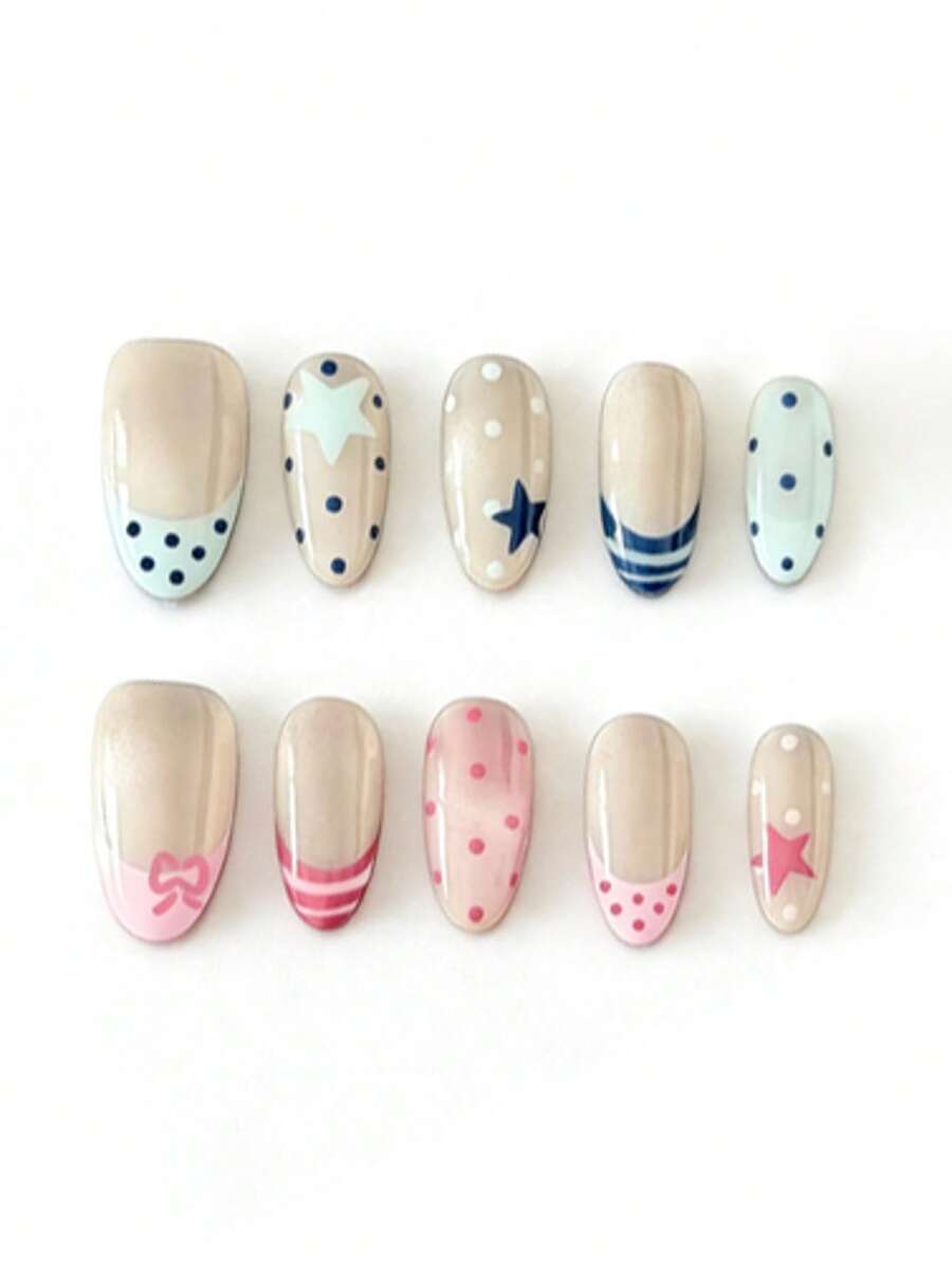 10pcs It's Named Blue Pink Star Dot. This Manicure Features A Seamless Blend Of Milky Nude, Soft Blue, And Sweet Pink, With Playful Dot Accents And Star Motifs. The Striped Details Add A Touch Of Nautical Charm, Creating A Fresh, Summery Vibe That's Both Cute And Versatile. - Multicolor - View 1