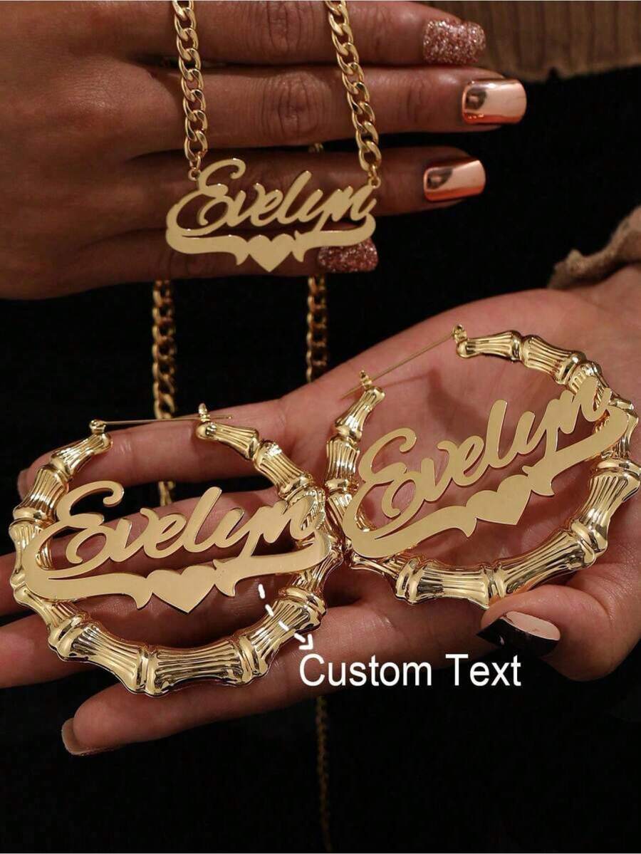 Personalized Bamboo Hoop Earrings For Women, Classic Exaggerated Customized Large Round Earrings. Stainless Steel 5mm Thick Chain Heart Pendant Necklace Couples Jewelry Set, Christmas Gift For Family, School Supplies, Back To School, Office Supplies, Classroom Supplies, Teacher Gift, College Supplies, Coworker Gift, Dorm Supplies - Gold - View 1