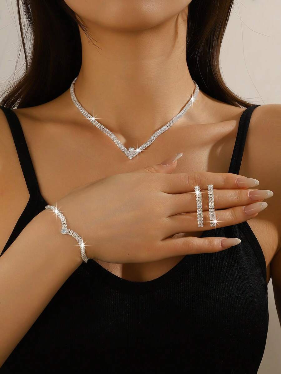 Minimalist Shiny Necklace And Earring Set, Suitable For Women's Daily Wear, Parties, Weddings, Festivals And Gatherings - White - View 1