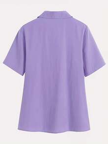 Women's Short Sleeve Shirt Blouse, Purple Solid Color Front Button Pocket Button Casual Elegant Minimalist Commute Decent Shirt, Daily Home Vacation Date Travel Outing Gift Birthday Spring Summer Autumn Independence Day Munich Oktoberfest Christmas Thanksgiving Teacher's Day - Purple - View 4