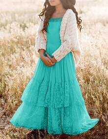 2026 Girls Elegant Lace Flower Boho Dress Long Sleeve Backless Square Neck Ruffle Party Maxi Dress - 10號湖綠 - 查看 5