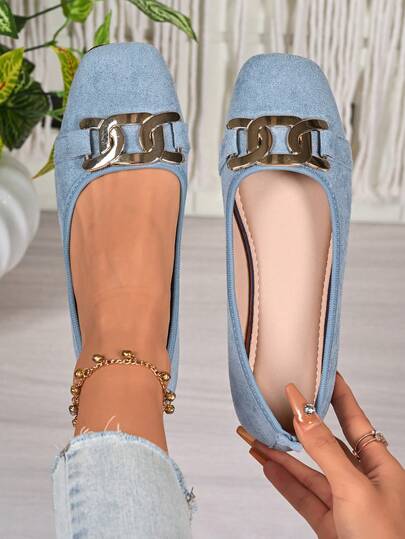 Women's Metal Buckle Decor Square Toe Flat Loafers, Luxury Commuting Style, Suitable For Spring, Autumn, Daily Wear, Dates, Commuting, Light Blue Suede, Comfortable & Versatile