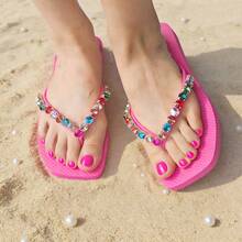 Summer Rhinestone Fashionable Square Toe Thick Sole Flip Flops - Comfortable, Non-Slip, Wear-Resistant Beach Vacation Sandals - Attractive Party Evening Versatile Slippers - Plum Red - View 2